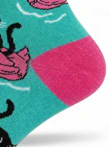 1双黑色猫咪和火烈鸟游泳图案男士中筒袜，春夏款 - 淺藍色 - 查看 6