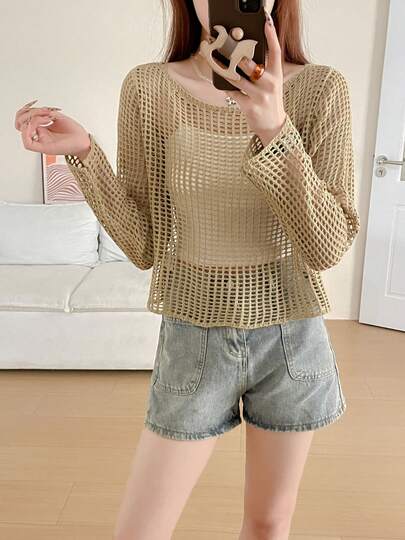 Crochet Hollow Out Knitted Cover Up, Loose Relaxed Style Breathable Top, Lightweight For Spring/Summer Vacation, Can Be Worn As Inner Or Outer Layer