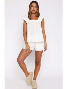 Awevudst Women's Summer 2Piece Outfits Loungewear Set Ruffle Hem Flying Sleeve Loose Tank Top + Elastic Waist Ruffle Shorts Casual Homewear Vocation Beachwear Y2K Streetwear - 白色 - 查看 6