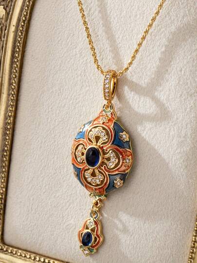 1pc Vintage Enameled Synthetic Zirconia Pendant Necklace - Elegant Court Style, Multicolor Enamel Coating For Wedding, Party & Casual Attire, Timeless Classic Accessory