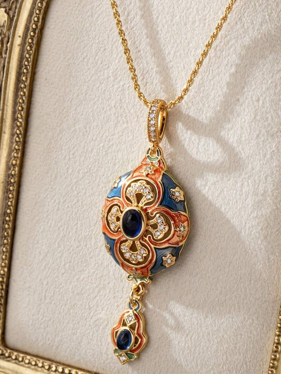 1 pieza Collar colgante de zirconia sintética esmaltada vintage - Estilo elegante de la corte, revestimiento de esmalte multicolor para bodas, fiestas y atuendos casuales, accesorio clásico atemporal - collar - Ver 1