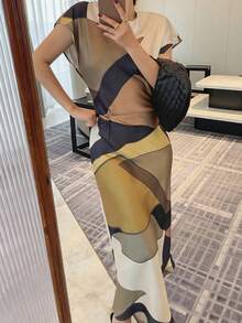 DEEKA Summer New Women's Fashion Simple Cinched Waist Satin Pleated Printed Dress - Yellow - View 2