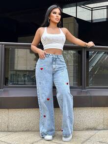 Mobula Sound 休闲优雅直筒牛仔裤，百搭时尚，适合春夏穿着，休闲、正式、度假、约会、上学、日常、旅行、机场等各种场合，女士刺绣服饰 - 藍色 - 查看 3