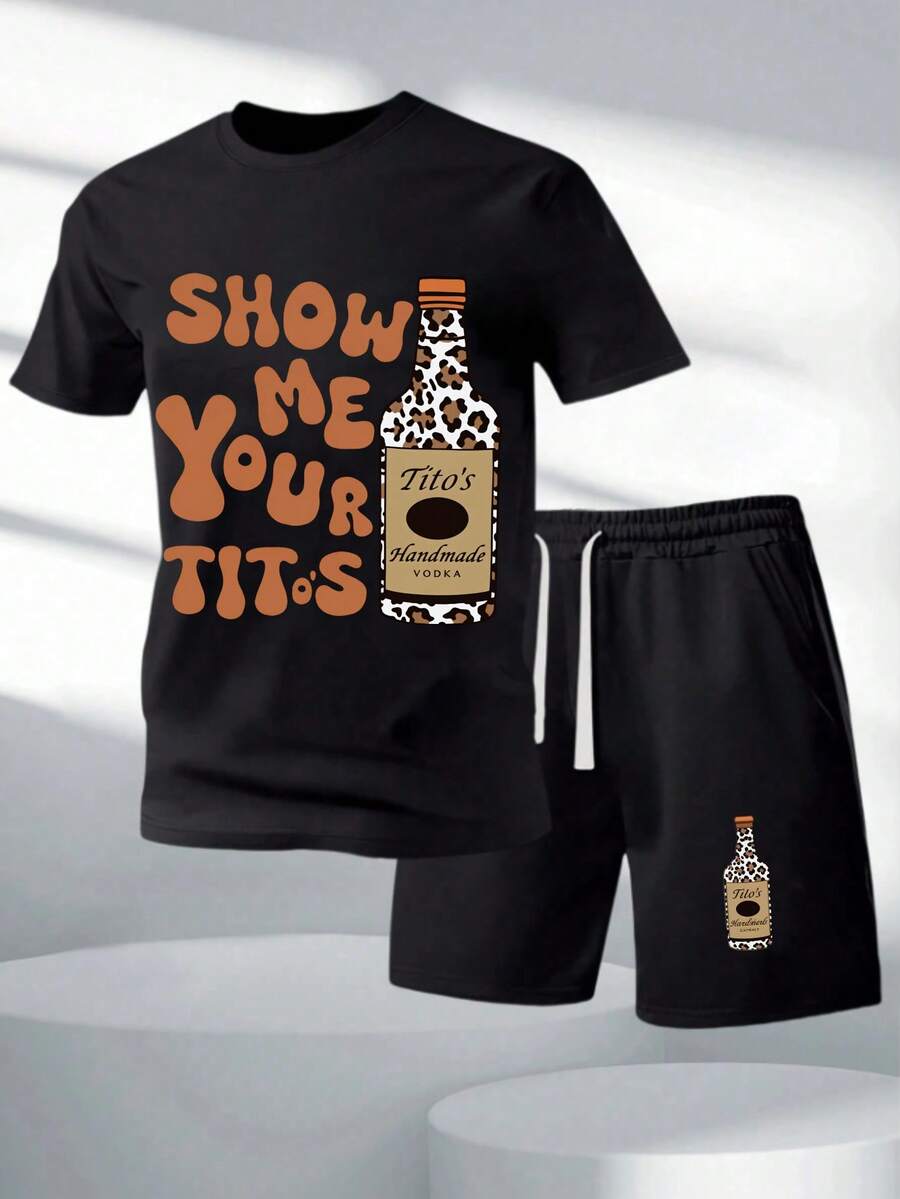 Mens Creative T Shirt And Shorts Set American Vintage Full Print Street Wear Essential Graphic T Shirt And Shorts Set With Show Me Your Titos Bottle Print For Casual Outfits - Black - View 1