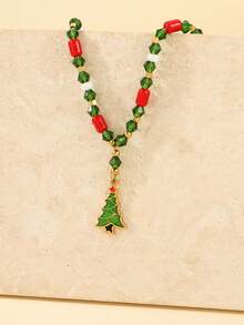 1pc Stainless Steel Fashionable Delicate Tree Pendant Necklace, Inlaid With Red And Green Beads, Suitable For Women's Daily Wear Or Gift - Yellow Gold - View 1