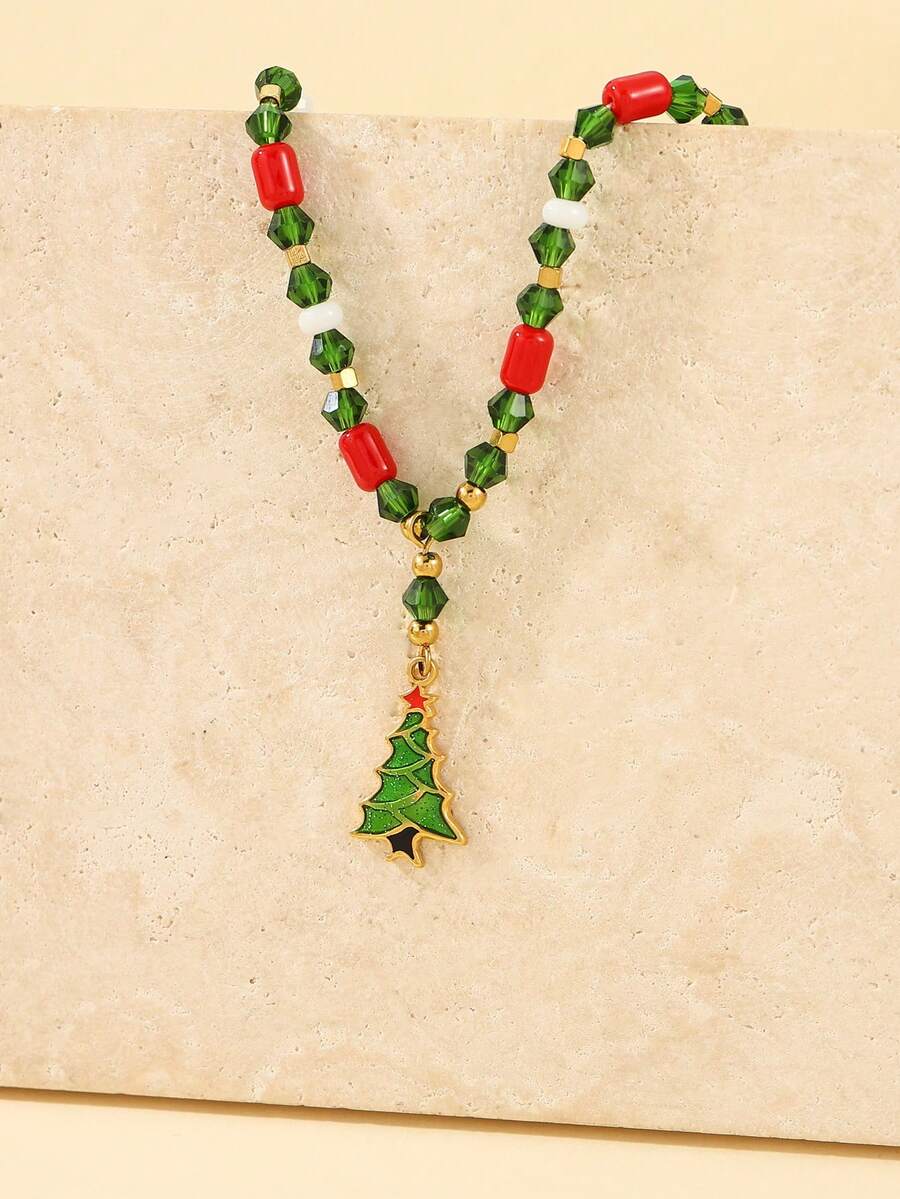 1pc Stainless Steel Fashionable Delicate Tree Pendant Necklace, Inlaid With Red And Green Beads, Suitable For Women's Daily Wear Or Gift - Yellow Gold - View 1