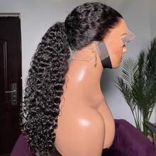 优雅杰瑞卷发黑色假发 - 180% 密度，预先拔毛并漂白发结，耐热合成蕾丝前额，男女皆宜，适合角色扮演，13X4，纤维混纺假发 - SNatural - 查看 3