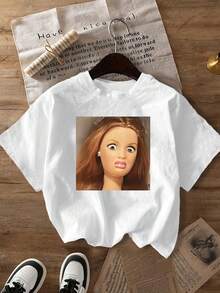 Women's Casual Surprised Expression Print Round Neck Short Sleeve T-Shirt, Suitable For Spring, Summer And Autumn White - White - View 2