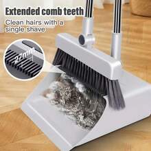 3-In-1 Magnetic Broom With Dustpan Combo Set, Broom And Dustpan Set With Silicone Broom, Upright Standing Dustpan Self-Cleaning Teeth For Home, Kitchen, Office, Hall Floor, Pet Hair - 加長款三合一灰色[6節桿+4套筒] - 查看 5