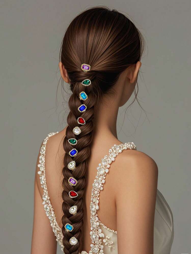 一套14件！彩色女士头饰套装，包括彩色水钻发梳、侧梳、新娘头饰、盛装头饰、婚礼及舞蹈摄影配饰、女士头饰、春夏头饰。 - 彩色 - 查看 5