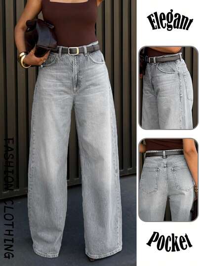 女士灰色直筒牛仔裤 Y2K 休闲水洗宽松牛仔裤 优雅复古直筒裤，2026 夏季款。
