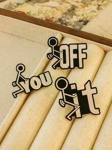 3pcs Creative Cartoon Matchstick Figure Shaped Black & White Enamel Pin Set, Personalized Funny English Letter Metal Brooch Accessories - Black and White - View 4