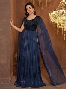 SUPGIR [Random Floral Cut] V-Neck Lantern Sleeve Chiffon Sequin Embroidery Waist Cinched Party Evening Dress Wedding Spring - Navy Blue - View 2