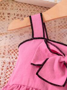 2 pièces/set Ensemble débardeur + short pour bébé fille, décontracté et mignon avec nœud, adapté pour l'été et les sorties, tenue à bretelles pour bébé fille - Rose vif - Voir 7