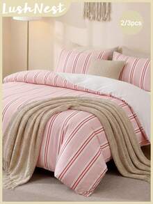 2pcs/3pcs Pink Striped Numeric Print Duvet Cover Set (1 Duvet Cover + 2 Pillow Shams, Inserts Not Included), Made Of Polyester Fiber, Suitable For Daily Use, Soft And Skin-Friendly, Applicable To Bedroom, Master Bedroom, Guest Room And Secondary Bedroom - Multicolor - View 4