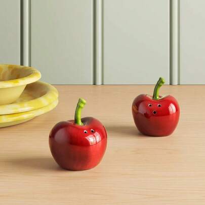Stoneware Cherries Salt And Pepper Shaker Set, Funny Stoneware Spice Dispenser Storage Canisters