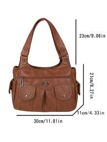 1件复古大容量手提包，复古PU单肩斜挎包，女士休闲托特包兼钱包 - 棕色 - 查看 3