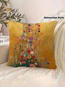 1pc Gustav Klimt Floral Golden Pillowcase - Double-Sided Bohemian Style Short Velvet Decorative Cushion Cover With Zipper Closure, Vibrant Floral Print For Living Room, Bedroom, Office - Machine Washable, 18x18, Bedroom Decor, Vintage Enthusiasts, Elegant Home Accessory, Durable Fabric - Yellow - View 1