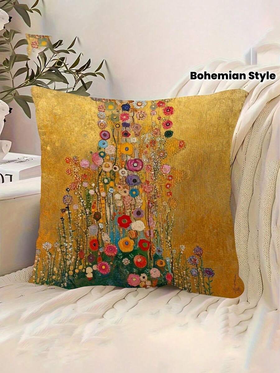 1pc Gustav Klimt Floral Golden Pillowcase - Double-Sided Bohemian Style Short Velvet Decorative Cushion Cover With Zipper Closure, Vibrant Floral Print For Living Room, Bedroom, Office - Machine Washable, 18x18, Bedroom Decor, Vintage Enthusiasts, Elegant Home Accessory, Durable Fabric - Yellow - View 1
