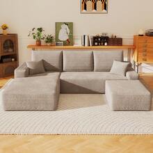 94" U Shaped Cloud Sectional Sofa With Ottoman Modern Minimalist Plush Corduroy Deep Seat No Assembly Corner Couch - 駝色 左邊 - 查看 9