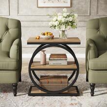 3-Tier End Table, Side Table With Storage Shelves, Small Sofa Side Table For Living Room, Wooden Side End Table With Double Round Metal Legs, Slim Nightstand And Bedside Table, Light Brown And Black - 淺棕色和黑色 - 查看 9