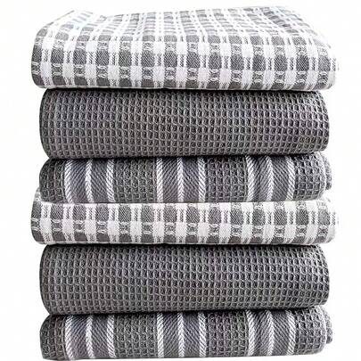 6pcs Soft Absorbent Kitchen Towel Set - Large, Waffle Weave Dish Cloths, Solid, Plaid And Striped Patterns, Easy To Clean And Dry - Perfect For Cooking, Baking And Tea Time
