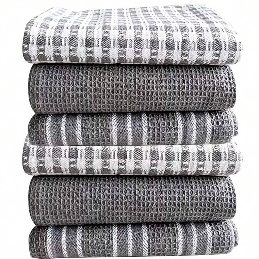 Set de 6 toallas de cocina suaves y absorbentes - Grandes, paños de cocina de tejido de gofre, con patrones lisos, a cuadros y a rayas, fáciles de limpiar y secar - Perfectos para cocinar, hornear y la hora del té - Multicolor - Ver 1