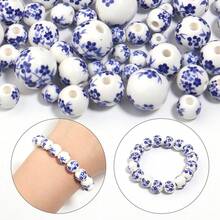 30pcs Simple & Fashionable Ceramic Beads, Crystal Glass Round Beads, Diy Handmade Jewelry Making Accessories - Blue Florals - View 6