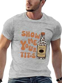 Men's Casual Short-Sleeve T-Shirt, "Show Me Your Titos" Text Pattern Top, Casual Style, 100% Cotton Top, Fashion Summer Short-Sleeve T-Shirt, Heat Transfer Print Design, Couple Outfit, Perfect Valentine's Day Gift, Couple Printed T-Shirt, Vodka Enthusiast Printed Shirt, Men's Printed T-Shirt. - Grey - View 3