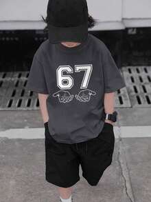 Tween Boys Casual Printed Crew Neck Short Sleeve T-Shirt, Summer Top - Dark Grey - View 7