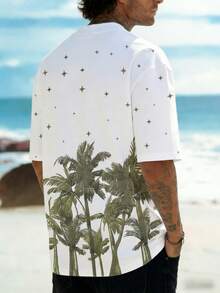 Áo thun nam dáng rộng, họa tiết ngôi sao và cây cọ, phối màu độc đáo, thích hợp mặc đi nghỉ mát mùa hè. - trắng - Xem 2