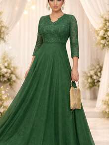 Long Dress For Bridesmaid, Mother Of The Bride/Groom, Discreet, Evangelical, With Lace Sleeves, Size 3.4 - 深橄欖色 - 查看 2