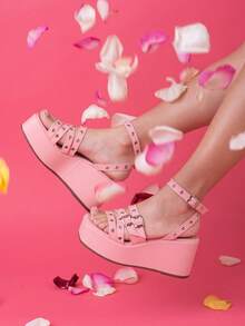 Women's Wedge Sandal With Thick Heel And Eyelets - Hồng - Xem 1