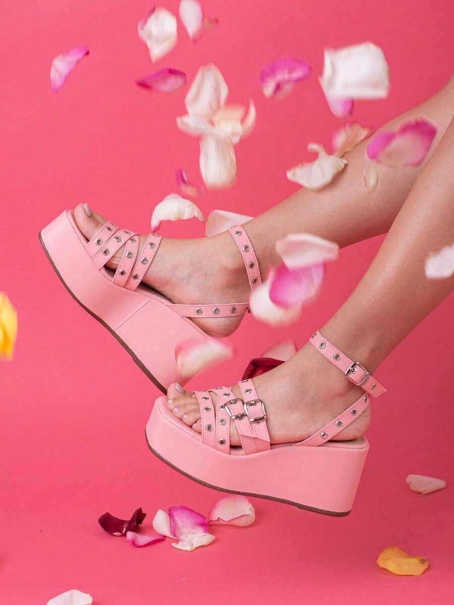 Women's Wedge Sandal With Thick Heel And Eyelets - Hồng - Xem 1