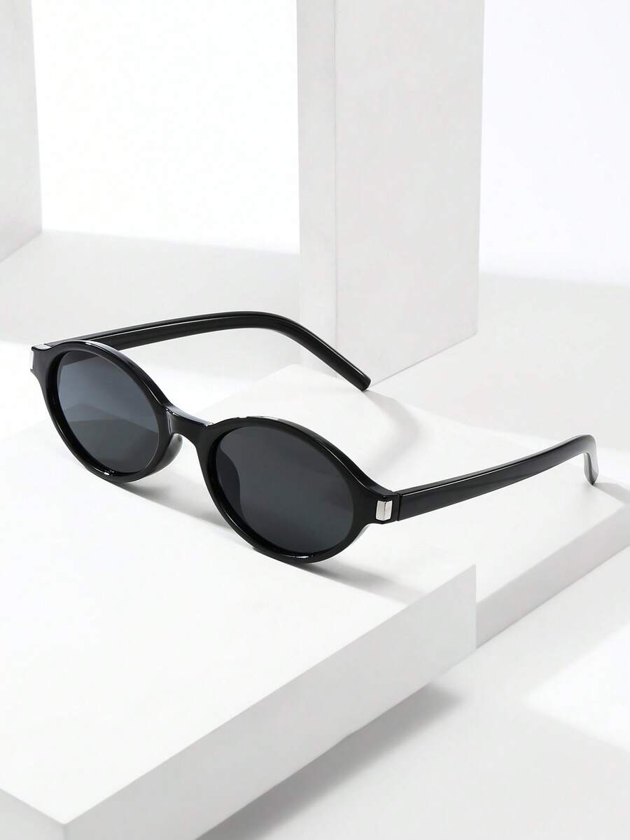 1pc Oval Small Frame High-Quality Minimalist Fashion Glasses For Women, Suitable For Travel, Leisure, Party, Beach, And Daily Wear - Black Frame Black Gray Film - View 1