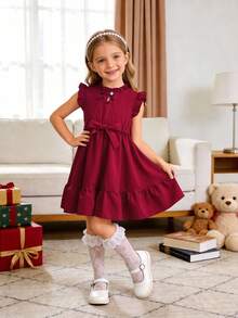 Girls' Burgundy French Style Mini Dress, Ruffle Stand Collar Front Tie, Cap Sleeve Waist Bow, Ruffle Hem A-Line Skirt - Burgundy - View 3