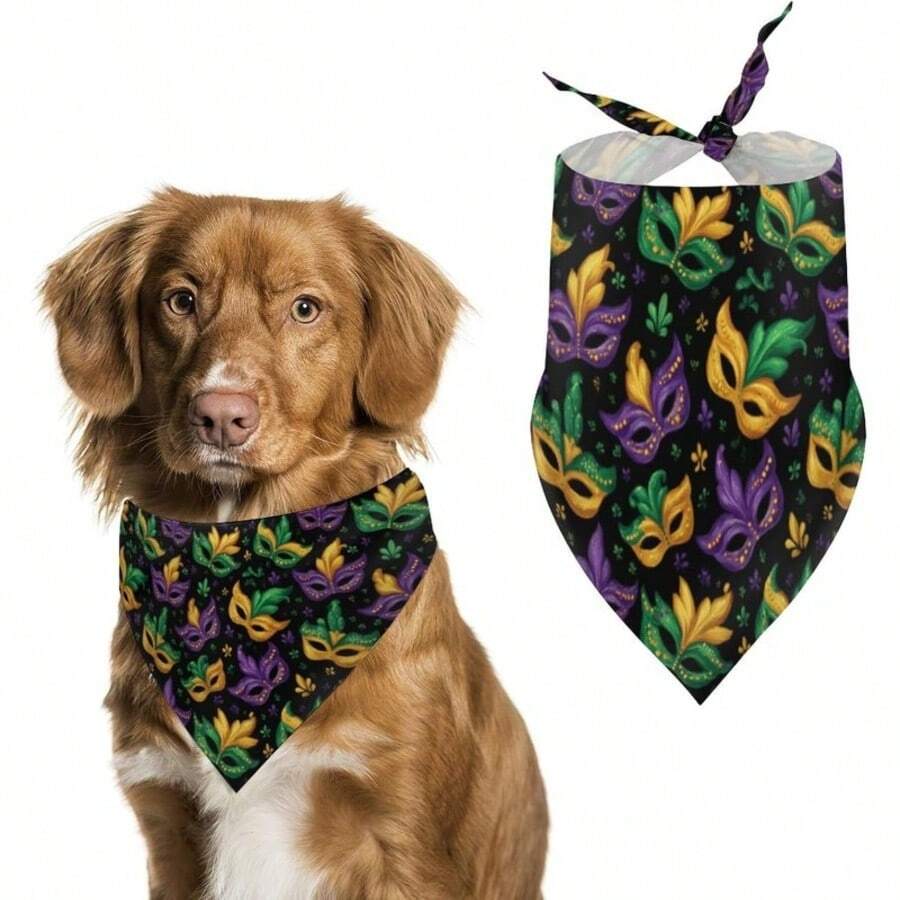 1pc 24.8 X 11 Inch Madrid Gas Mask Dog Scarf | Woven Polyester, Washable, Adjustable, Triangular Bib Scarf, Suitable For Medium Dogs - Multicolor - View 1