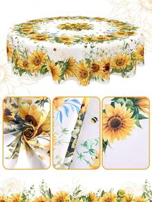 1 pieza Mantel con diseño de girasol, mantel redondo o rectangular de poliéster con estampado floral y de abeja amarillo girasol de primavera/verano, 2 opciones de tamaño, mantel duradero de estilo rústico para decoración de mesa de cocina y comedor en el hogar, adecuado para fiestas de primavera/verano, picnics, cenas, cumpleaños, decoración de bodas - Multicolor - View 10