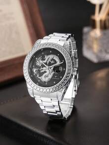 RICECGO Men's Wristwatch With 3D Embossed Dragon Pattern, Exuding Oriental Charm, Perfect Gift For New Year - Silver - View 6