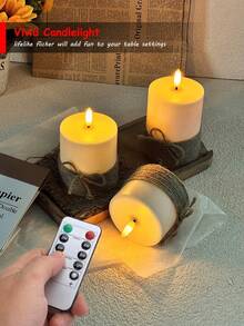 Three Flameless Candle Lamps With A Retro Rope-Wrapped Design, Realistic LED Wicks, And A Twinkling Columnar Shape. Battery Powered, With Remote Control And 2/4/6/8-Hour Timer. Warm Candlelight And Retro Candle Lamps Suitable For Home, Wedding, And Holiday Party Decorations. - Warm white light - View 4