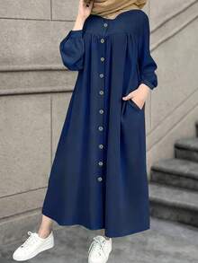 Casual Open Front Solid Color Maxi Dress Spring Fall - Blue - View 6