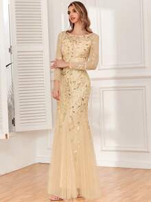 Đầm dạ hội dài tay phối sequin và lưới tương phản, dáng ôm thanh lịch mùa xuân/hè, chân váy đuôi cá màu vàng, đầm dự tiệc, đầm dành cho mẹ cô dâu, đầm dự đám cưới, đầm tốt nghiệp, đầm dự tiệc tối, đầm sinh nhật cho nữ. - Vàng - Xem 5