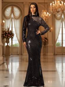 Romagic 水钻珍珠领香槟色亮片撞色网纱长袖及地女士正式连衣裙 - 黑色 - 查看 2