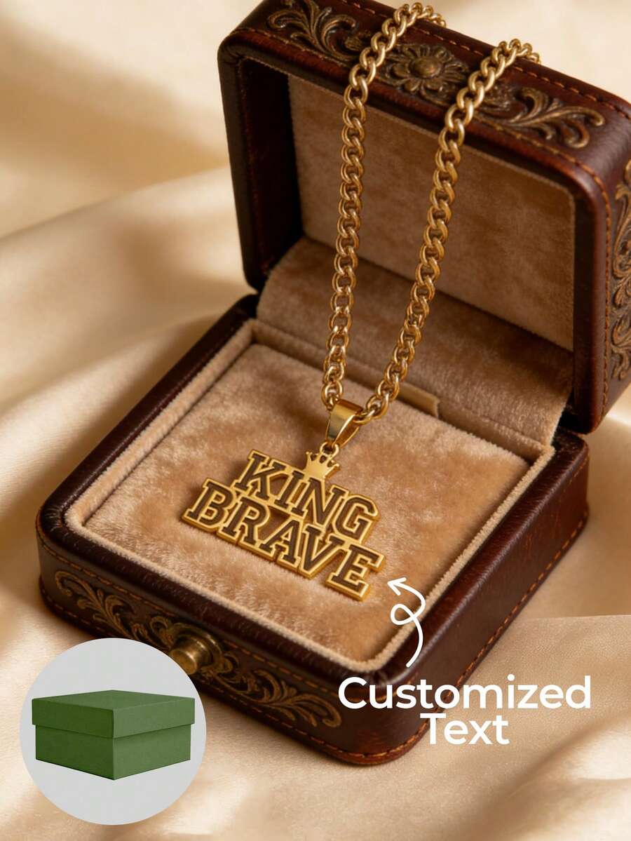 1pc Personalized Customized Necklace, Large Nameplate Pendant, Thick Necklace, Unisex Necklace, Unisex, Daily Style, Stainless Steel Customization, 18k Gold Jewelry, Including Gift Box, As Daily, Ramadan Gift, Valentine's Day Gift, Mother's Day, Father's Day Gift. - Cuban Chain - View 1