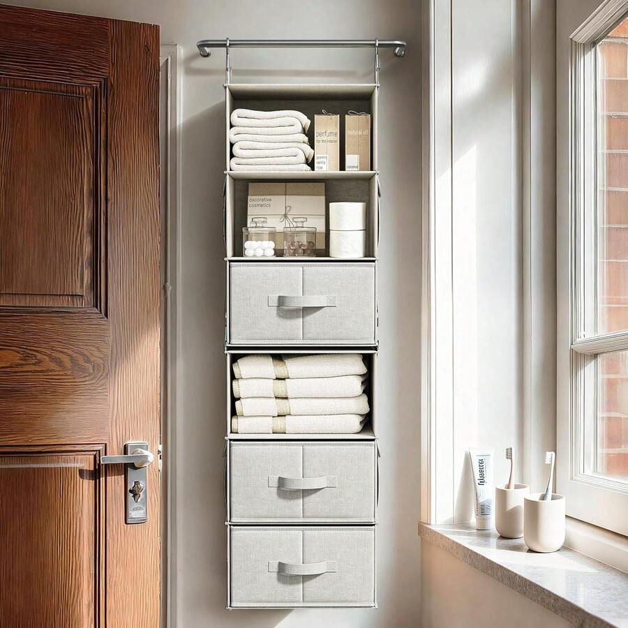 Maximize Your Closet Space With This 6-Shelf Hanging Organizer, Complete With 3 Drawers. This Versatile Unit Can Be Separated Into Two 3-Shelf Organizers, Perfect For Wardrobe, Nursery, Or Dorm Storage. - Silver Gray - View 1