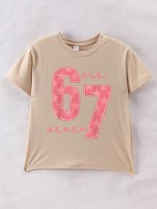 This Casual Set Designed For Girls Features A Fashionable Letter Print Design, Including A White Short Sleeve Round Neck T-Shirt And Mid-Waist Flare Pants. - Apricot - View 11