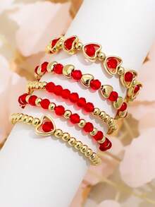 5pcs Vintage Multi-Layer Red Beaded Heart Charm Bracelet Set, Suitable For Women To Wear On Valentine's Day Date, A Gift For Her - Red - View 2