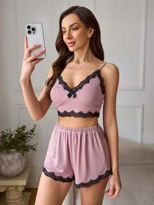 女士蕾丝边吊带背心及文胸睡衣套装，时尚百搭，适合春、夏、秋季穿着。 - 紫丁香色 - 查看 5