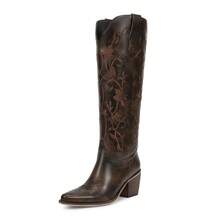 Womens Cowboy Boots Knee High Cowgirl Boots With Pointed Toe Chunky Heel Retro Vintage Floral Embroidered Pull On Tall Western Boot - 深棕色 - 查看 4