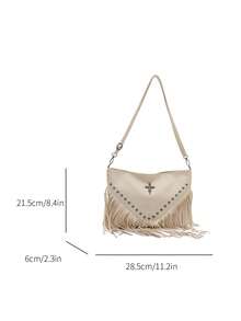 Bolso bandolera de cuero retro de moda, bolso de hombro estilo bohemio con flecos y remaches, cartera cuadrada casual, bolso de mensajero adecuado para viajes y uso diario, bolso bandolerade - Beis - Ver 7